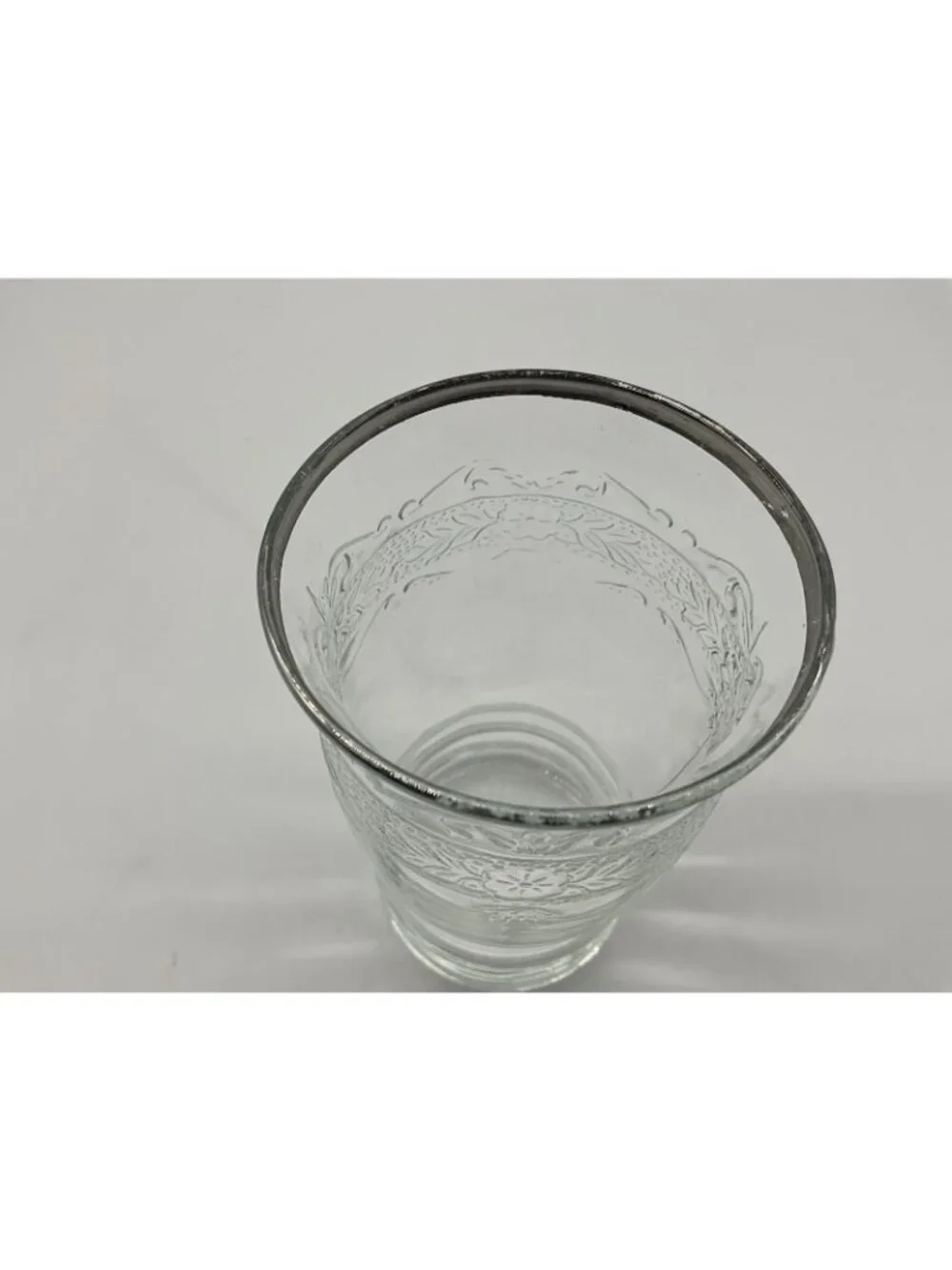 MacBeth -Evans Strippled Rose Band Clear Depression Glass Tumbler w/silver Rim